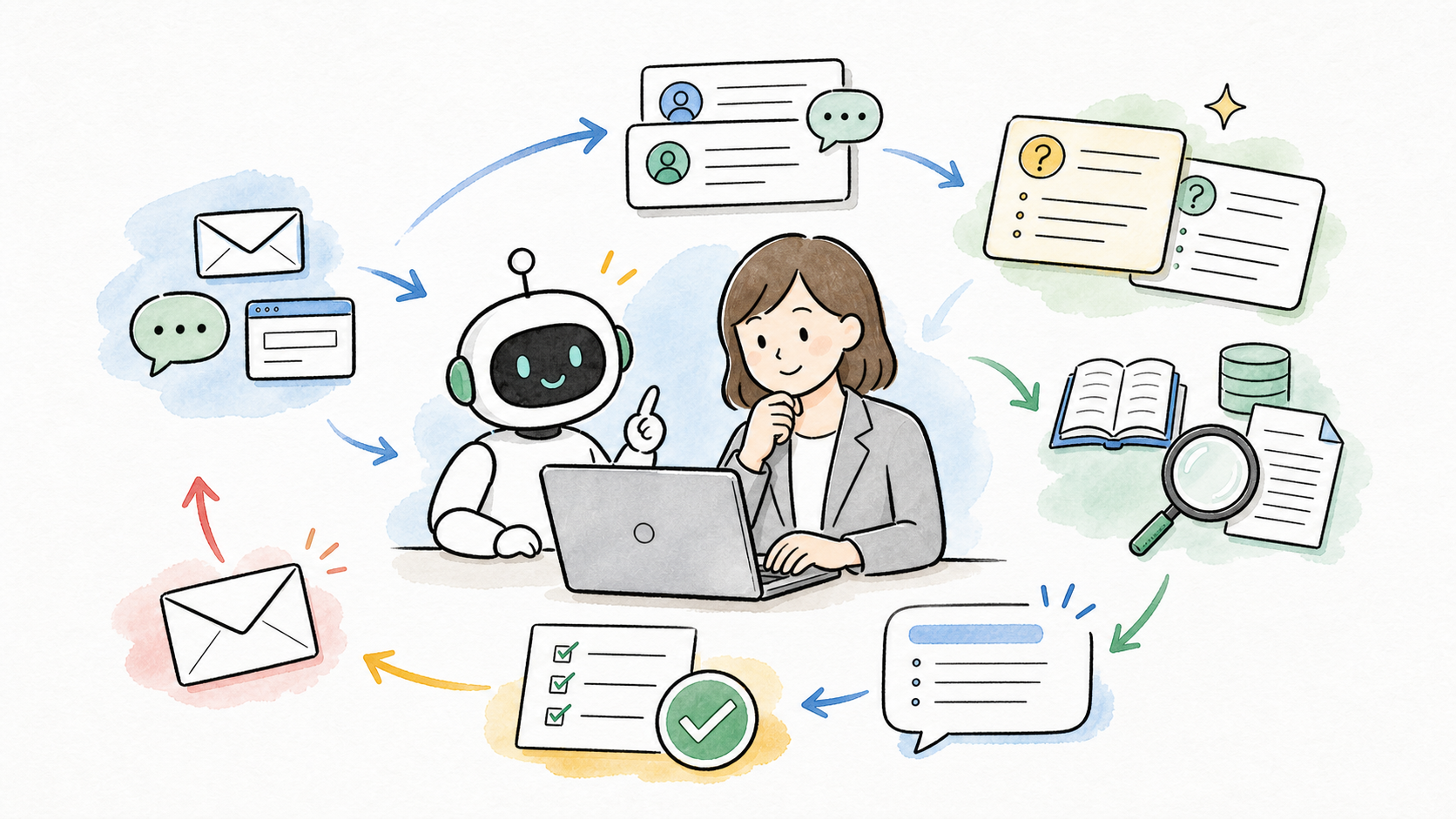 問い合わせ対応で生成AIが分類、FAQ、一次回答案作成を支援するグラレコ風イラスト