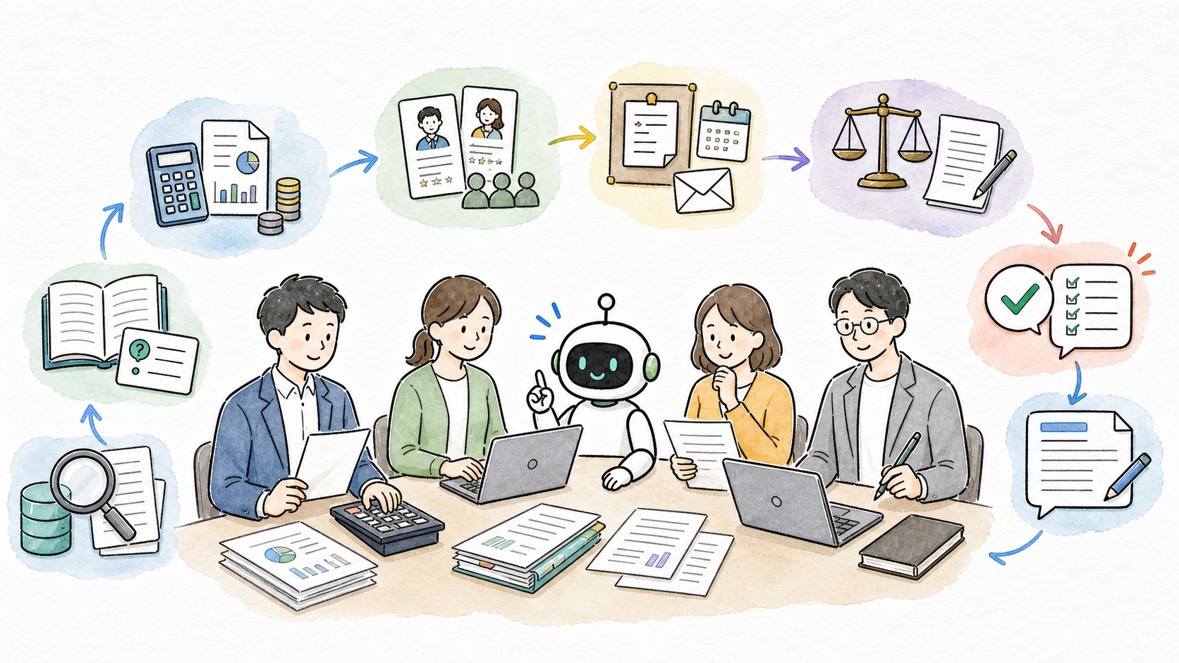 経理、人事、総務などバックオフィス業務で生成AIを活用するグラレコ風イラスト