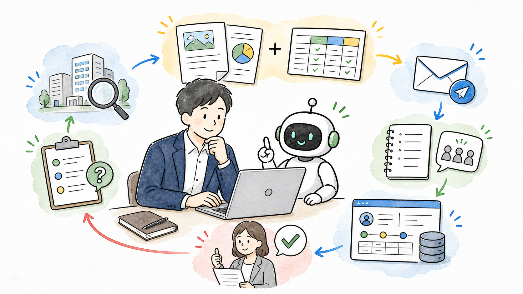 営業活動で生成AIが商談準備、提案書、メール、CRM入力を支援するグラレコ風イラスト
